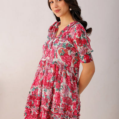 Women's White Fit And Flare Floral V neck Ruffle Dress