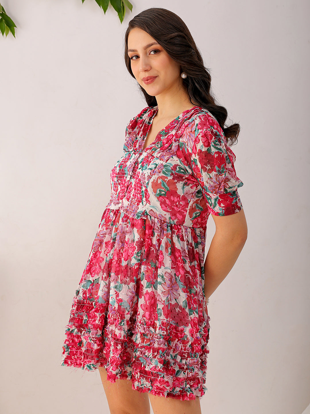 Women's White Fit And Flare Floral V neck Ruffle Dress