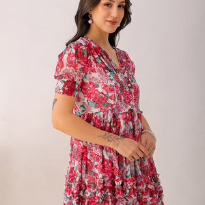 Women's White Fit And Flare Floral V neck Ruffle Dress