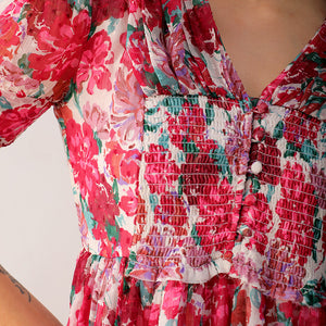 Women's White Fit And Flare Floral V neck Ruffle Dress