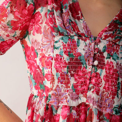 Women's White Fit And Flare Floral V neck Ruffle Dress