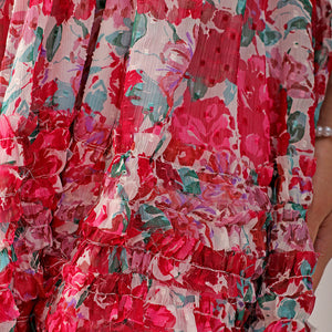 Women's White Fit And Flare Floral V neck Ruffle Dress