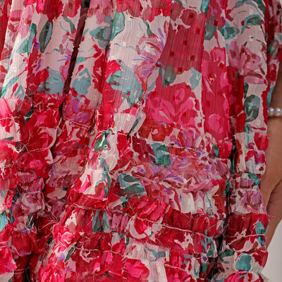 Women's White Fit And Flare Floral V neck Ruffle Dress