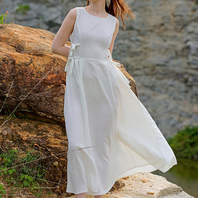 Women's White Flare Textured Round Neck Midi Dress