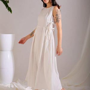 Women's White Flare Textured Round Neck Midi Dress