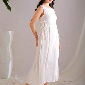 Women's White Flare Textured Round Neck Midi Dress