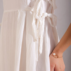 Women's White Flare Textured Round Neck Midi Dress