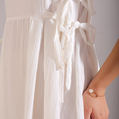 Women's White Flare Textured Round Neck Midi Dress