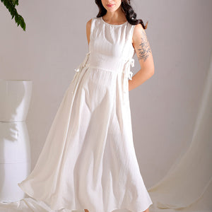 Women's White Flare Textured Round Neck Midi Dress