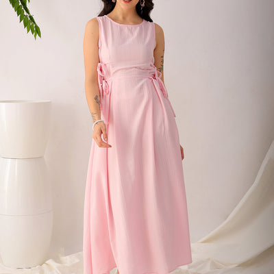 Women's Pink Flare Textured Round Neck Midi Dress