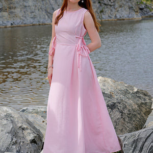 Women's Pink Flare Textured Round Neck Midi Dress