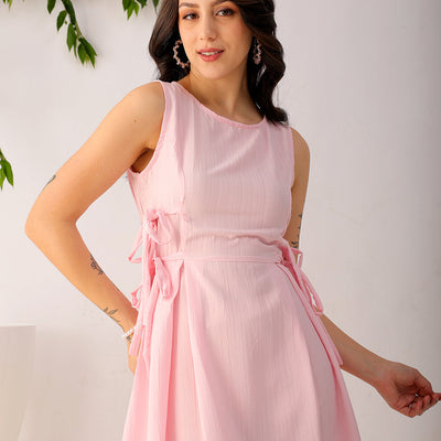 Women's Pink Flare Textured Round Neck Midi Dress