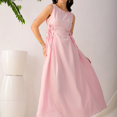 Women's Pink Flare Textured Round Neck Midi Dress
