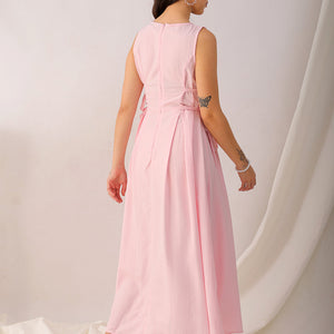 Women's Pink Flare Textured Round Neck Midi Dress