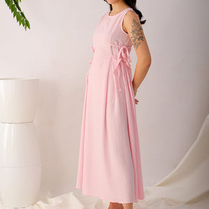Women's Pink Flare Textured Round Neck Midi Dress
