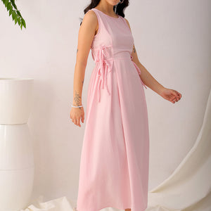Women's Pink Flare Textured Round Neck Midi Dress
