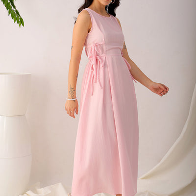 Women's Pink Flare Textured Round Neck Midi Dress