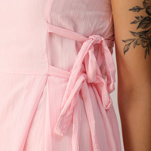 Women's Pink Flare Textured Round Neck Midi Dress