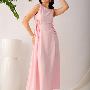 Women's Pink Flare Textured Round Neck Midi Dress