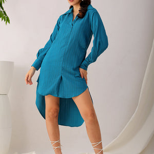 Women's Teal Straight Textured NA Asymmetric Dress
