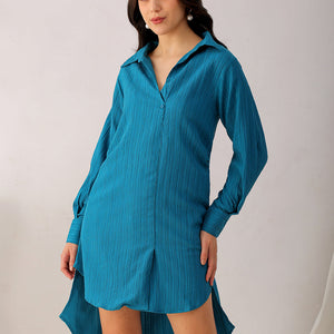 Women's Teal Straight Textured NA Asymmetric Dress