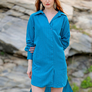 Women's Teal Straight Textured NA Asymmetric Dress