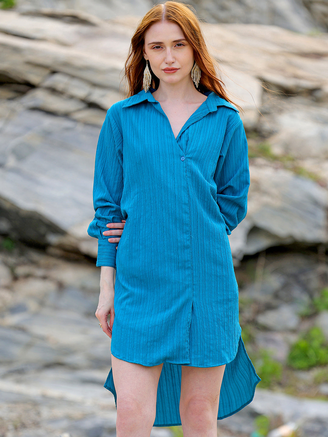 Women's Teal Straight Textured NA Asymmetric Dress