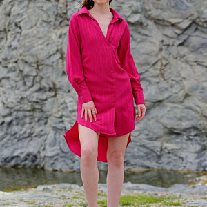 Women's Pink Straight Textured NA Asymmetric Dress