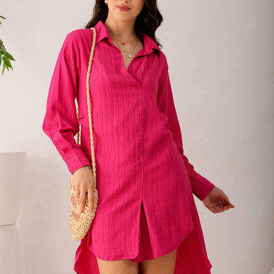 Women's Pink Straight Textured NA Asymmetric Dress