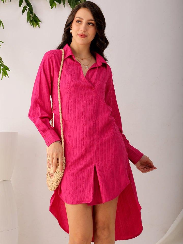 Women's Pink Straight Textured NA Asymmetric Dress