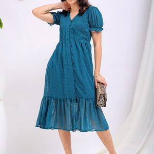 Women's Teal Fit and Flare Textured V neck Tiered Dress