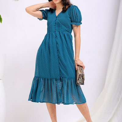 Women's Teal Fit and Flare Textured V neck Tiered Dress