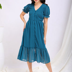 Women's Teal Fit and Flare Textured V neck Tiered Dress