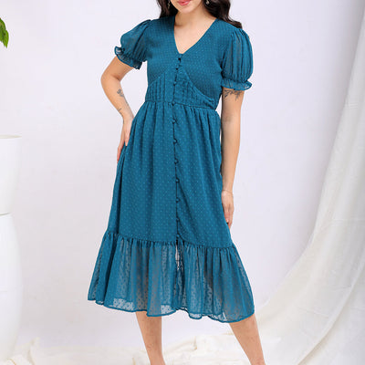 Women's Teal Fit and Flare Textured V neck Tiered Dress