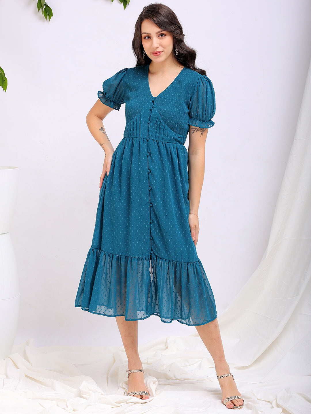 Women's Teal Fit and Flare Textured V neck Tiered Dress