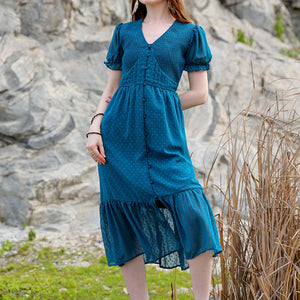 Women's Teal Fit and Flare Textured V neck Tiered Dress