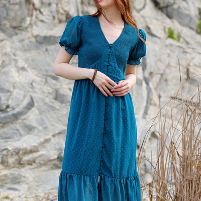 Women's Teal Fit and Flare Textured V neck Tiered Dress