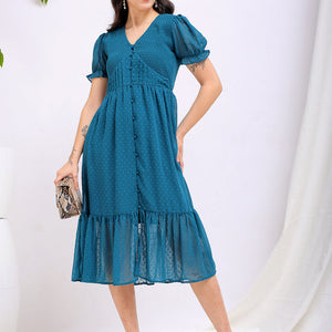Women's Teal Fit and Flare Textured V neck Tiered Dress