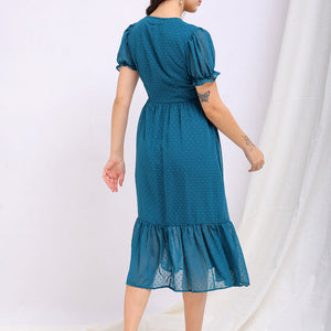 Women's Teal Fit and Flare Textured V neck Tiered Dress