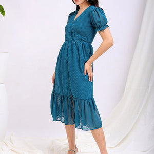 Women's Teal Fit and Flare Textured V neck Tiered Dress