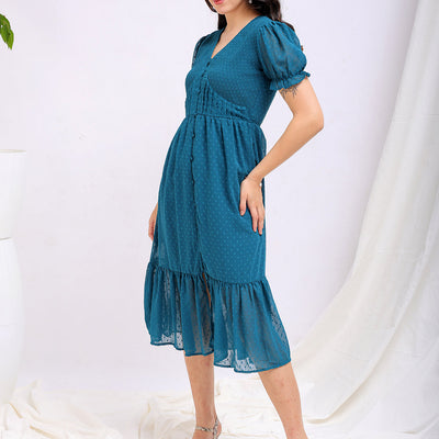 Women's Teal Fit and Flare Textured V neck Tiered Dress