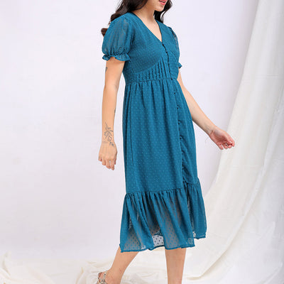 Women's Teal Fit and Flare Textured V neck Tiered Dress