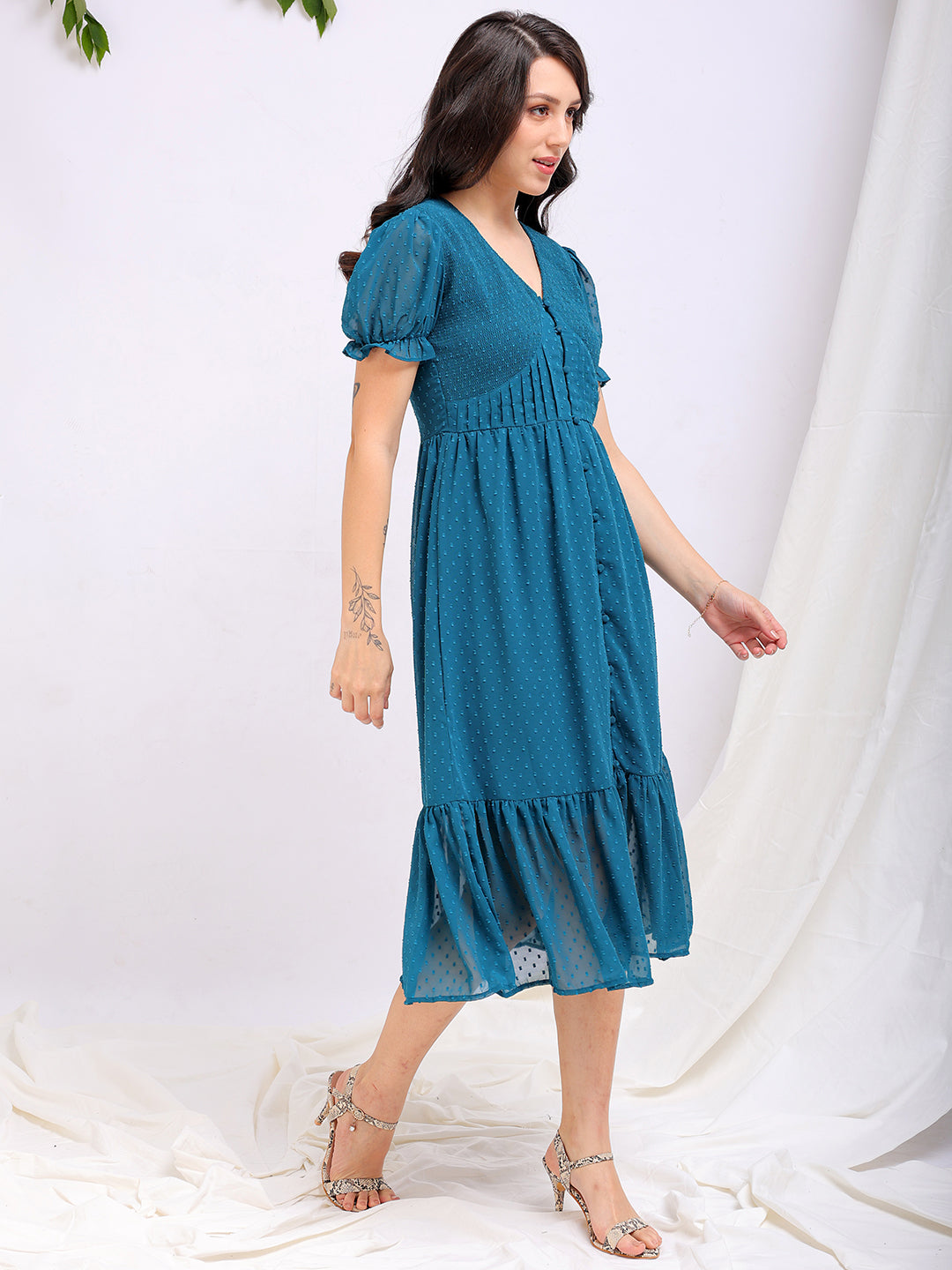 Women's Teal Fit and Flare Textured V neck Tiered Dress