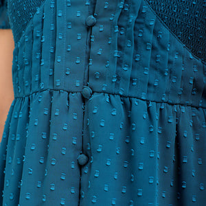 Women's Teal Fit and Flare Textured V neck Tiered Dress