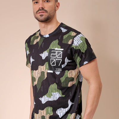 Men's Black Slim Fit Abstract Printed T-Shirt