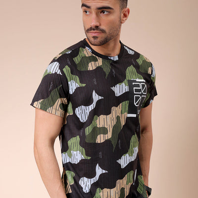 Men's Black Slim Fit Abstract Printed T-Shirt