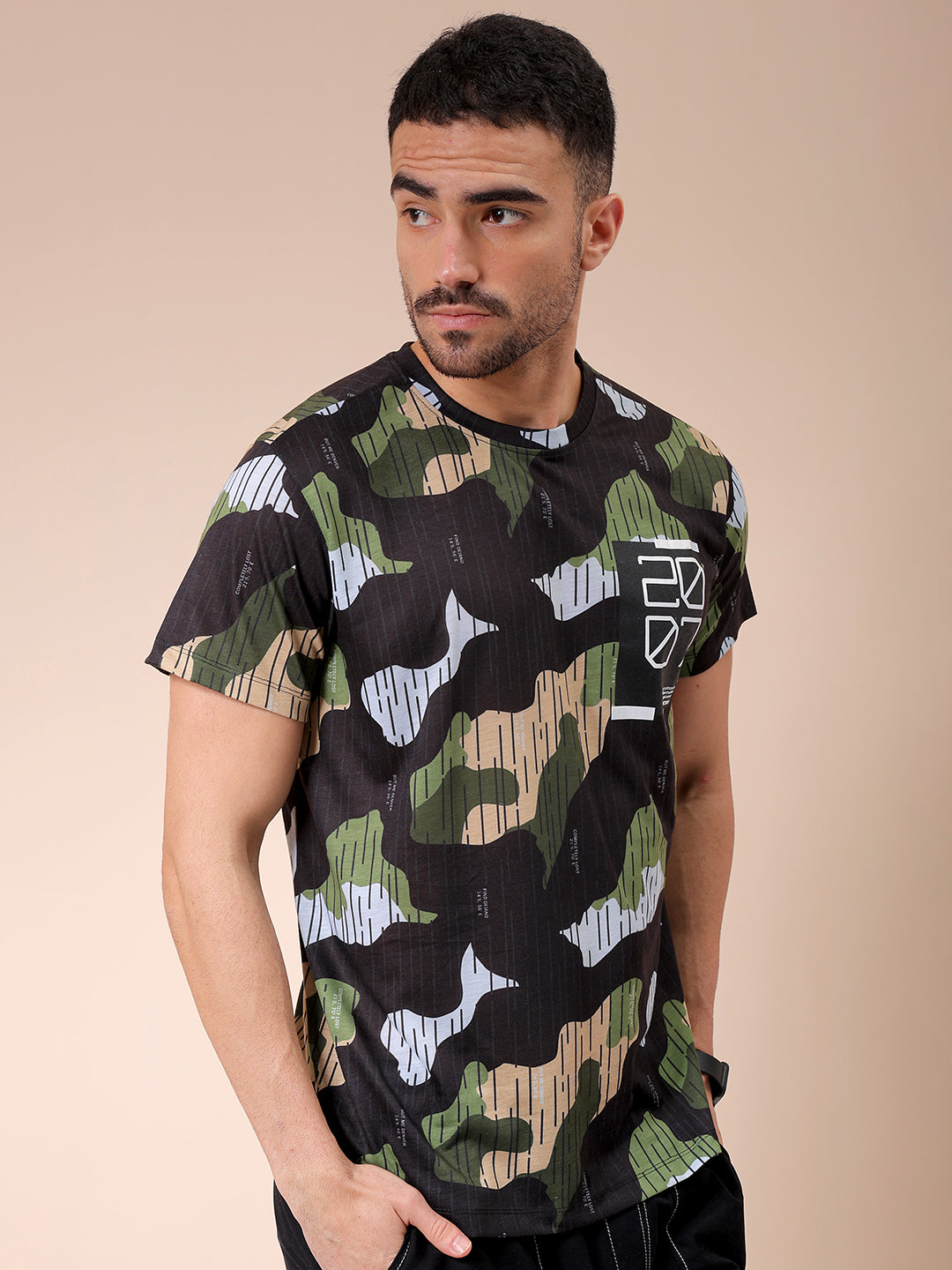 Men's Black Slim Fit Abstract Printed T-Shirt