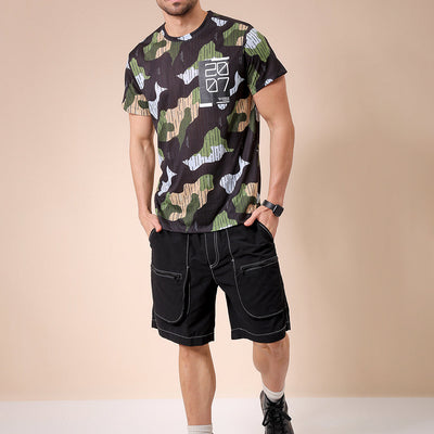 Men's Black Slim Fit Abstract Printed T-Shirt