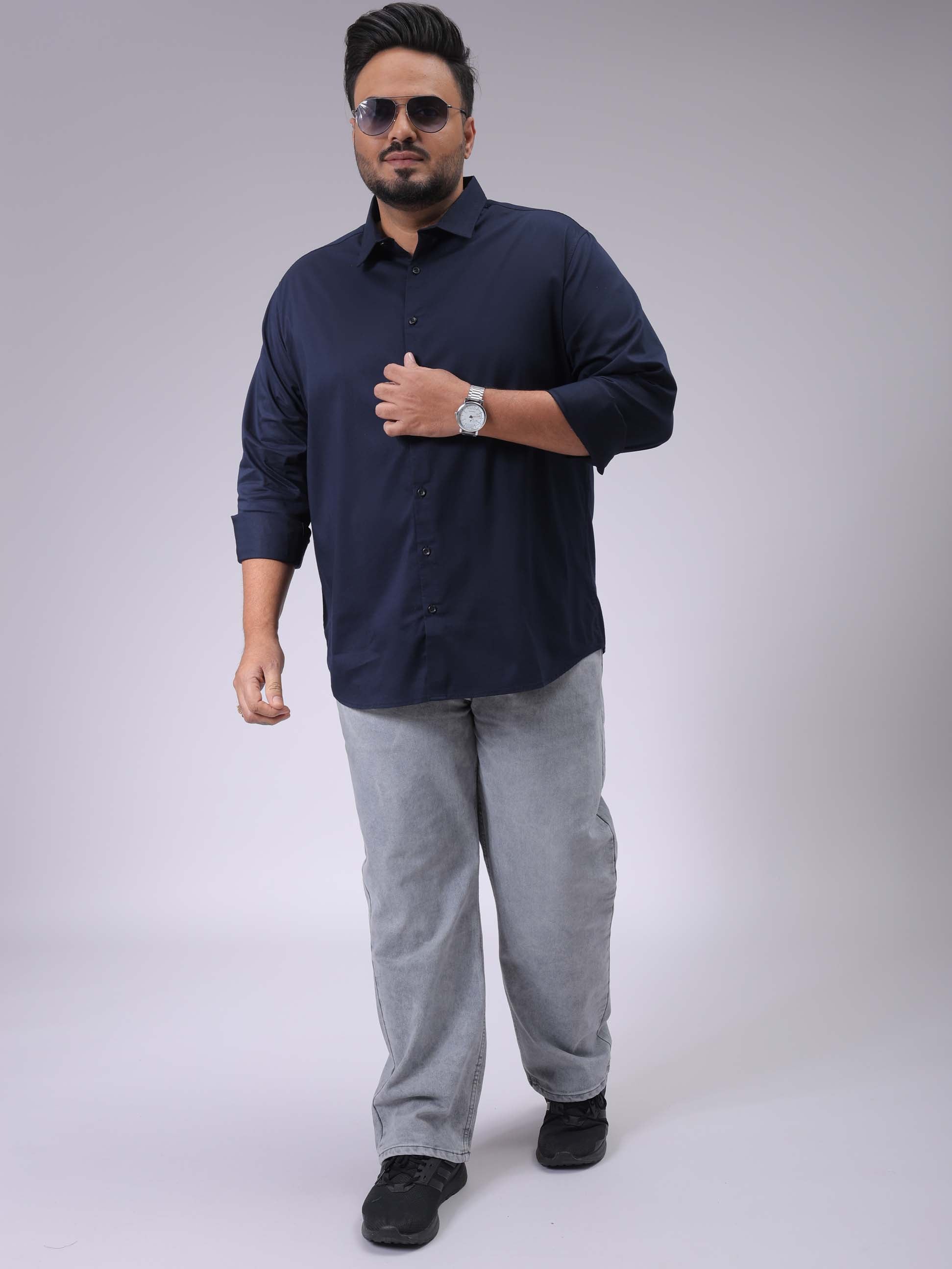 Men's Plus Size Navy Blue Regular Fit Solid Casual Shirt