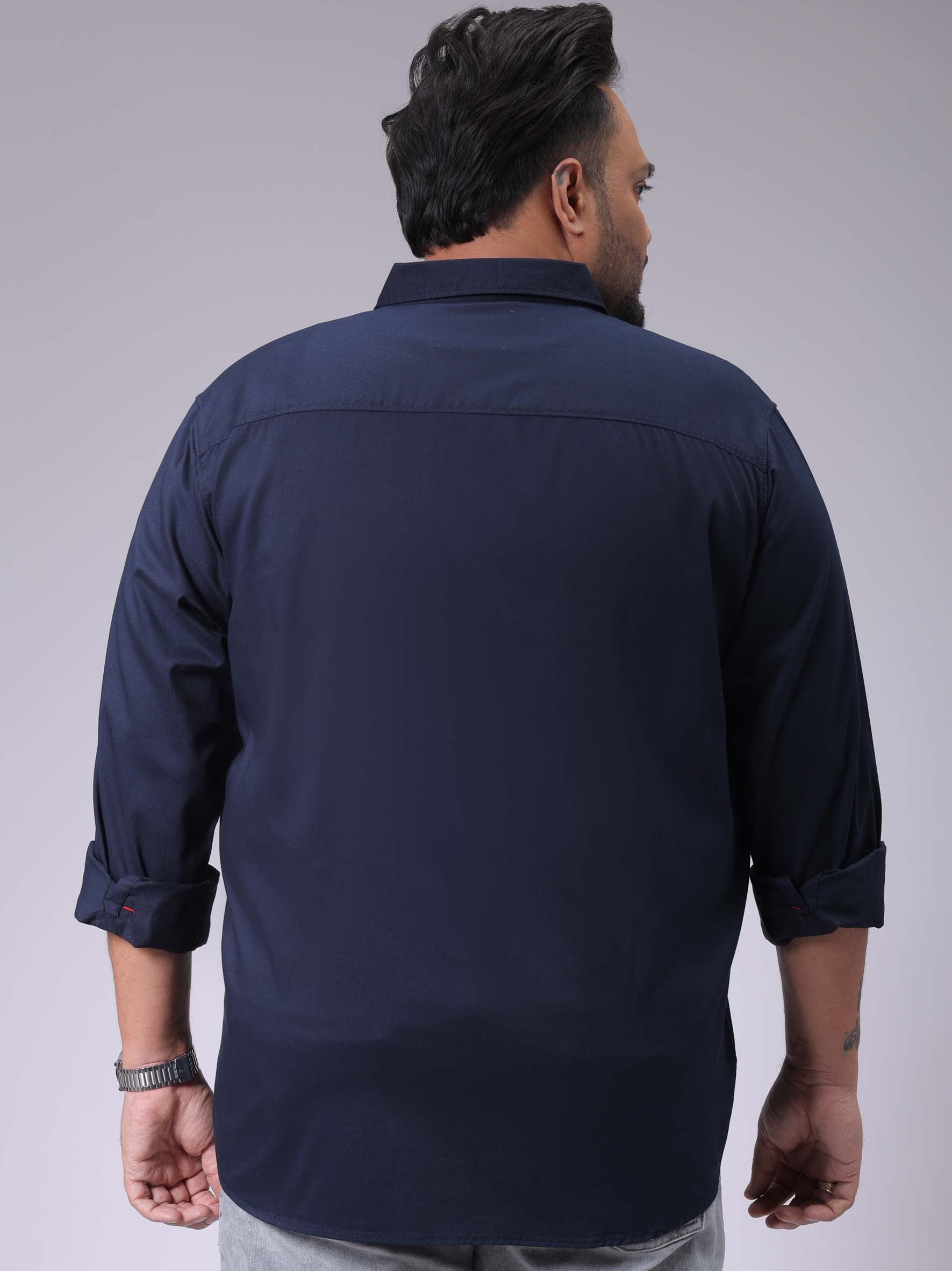 Men's Plus Size Navy Blue Regular Fit Solid Casual Shirt